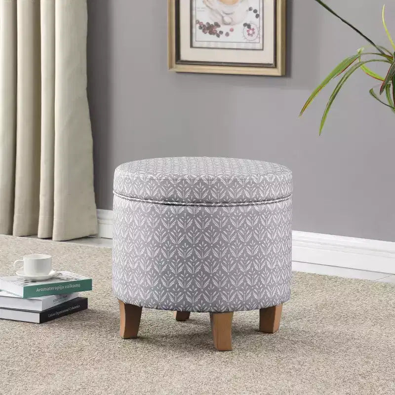Pouf rotondo contenitore da 48 cm con coperchio rimovibile, gambe svasate in legno sbiancato, capacità 113 kg