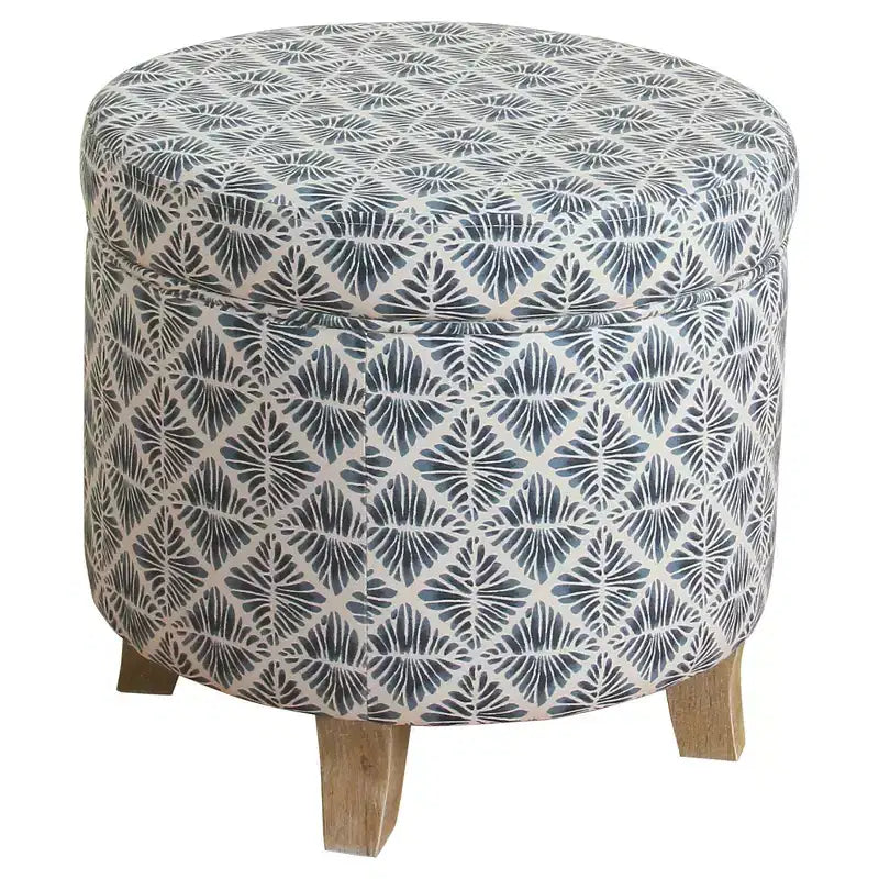Pouf rotondo contenitore da 48 cm con coperchio rimovibile, gambe svasate in legno sbiancato, capacità 113 kg