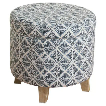 Pouf rotondo contenitore da 48 cm con coperchio rimovibile, gambe svasate in legno sbiancato, capacità 113 kg