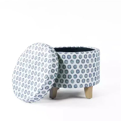 Pouf rotondo contenitore da 48 cm con coperchio rimovibile, gambe svasate in legno sbiancato, capacità 113 kg