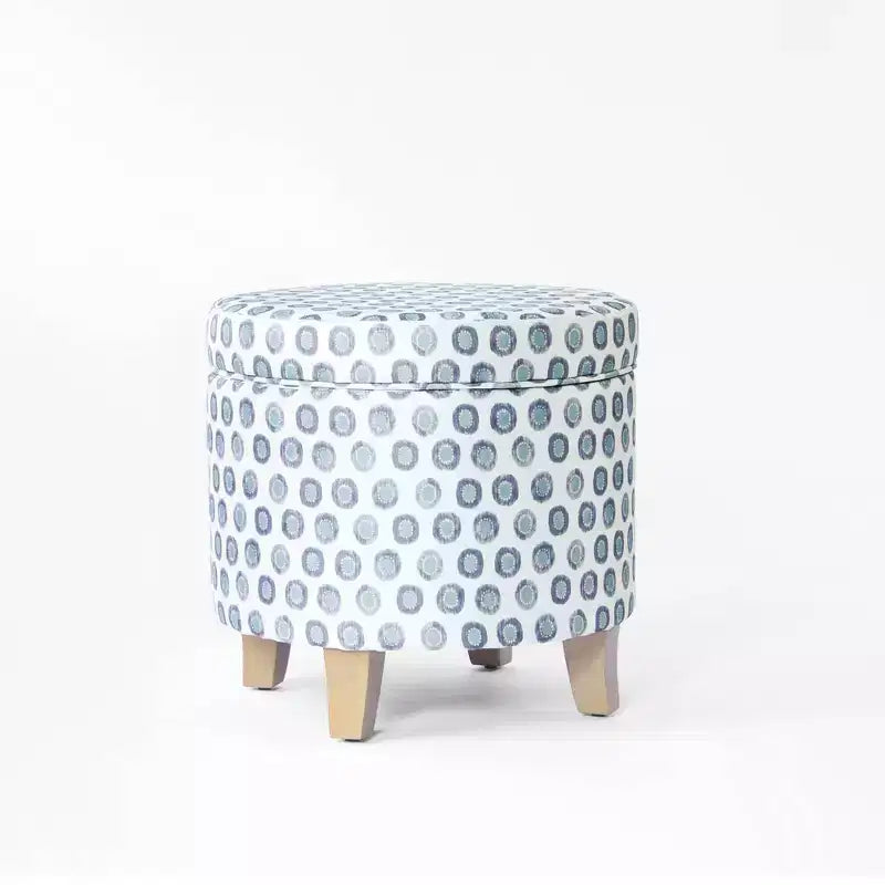 Pouf rotondo contenitore da 48 cm con coperchio rimovibile, gambe svasate in legno sbiancato, capacità 113 kg
