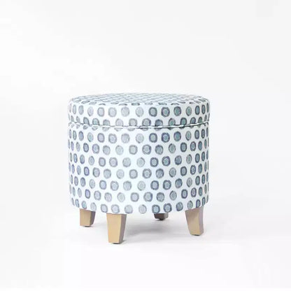 Pouf rotondo contenitore da 48 cm con coperchio rimovibile, gambe svasate in legno sbiancato, capacità 113 kg