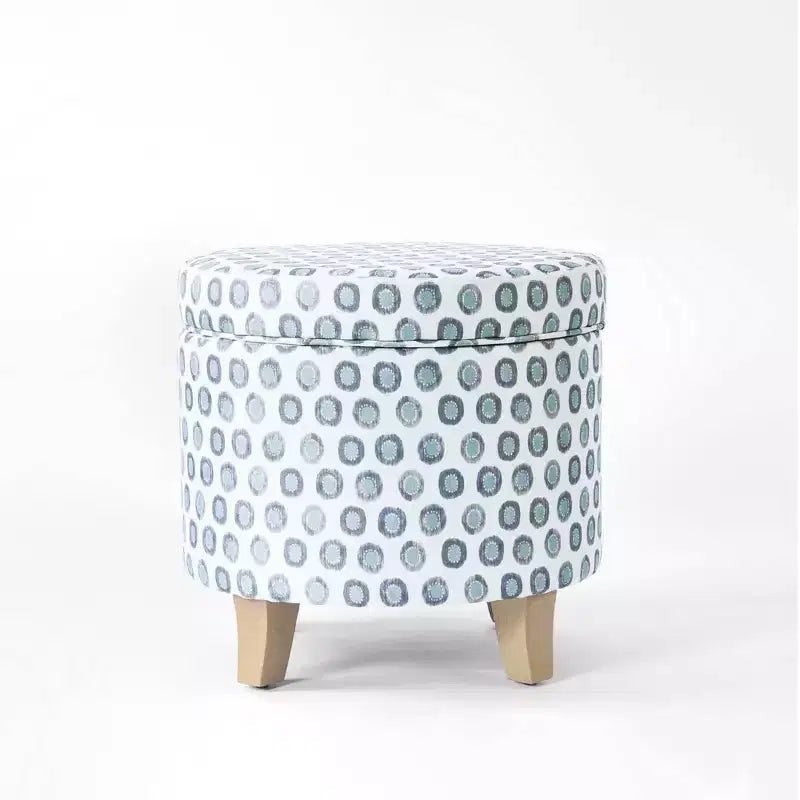 Pouf rotondo contenitore da 48 cm con coperchio rimovibile, gambe svasate in legno sbiancato, capacità 113 kg
