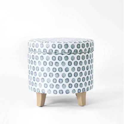 Pouf rotondo contenitore da 48 cm con coperchio rimovibile, gambe svasate in legno sbiancato, capacità 113 kg