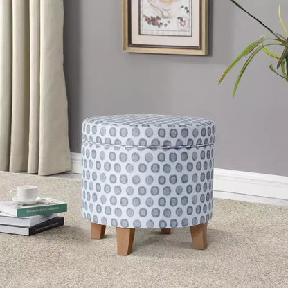 Pouf rotondo contenitore da 48 cm con coperchio rimovibile, gambe svasate in legno sbiancato, capacità 113 kg