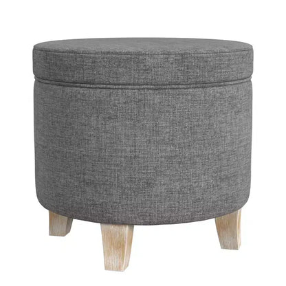Pouf rotondo contenitore da 48 cm con coperchio rimovibile, gambe svasate in legno sbiancato, capacità 113 kg