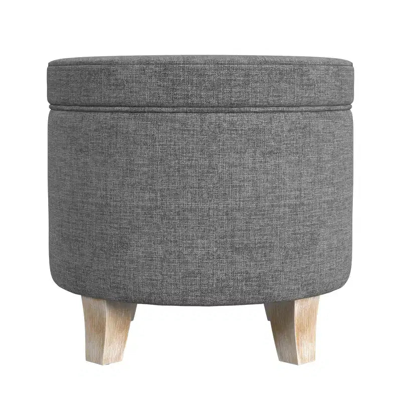 Pouf rotondo contenitore da 48 cm con coperchio rimovibile, gambe svasate in legno sbiancato, capacità 113 kg