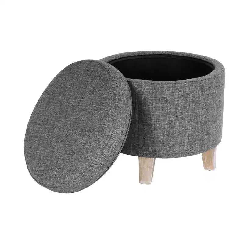 Pouf rotondo contenitore da 48 cm con coperchio rimovibile, gambe svasate in legno sbiancato, capacità 113 kg