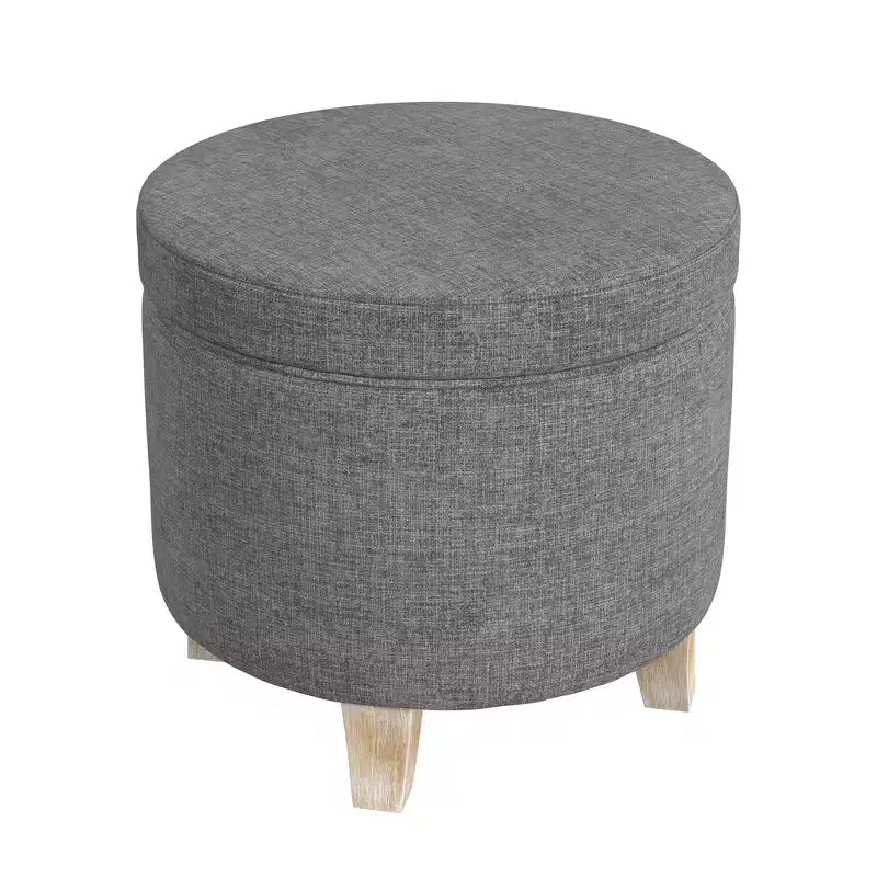 Pouf rotondo contenitore da 48 cm con coperchio rimovibile, gambe svasate in legno sbiancato, capacità 113 kg