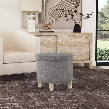 Pouf rotondo contenitore da 48 cm con coperchio rimovibile, gambe svasate in legno sbiancato, capacità 113 kg
