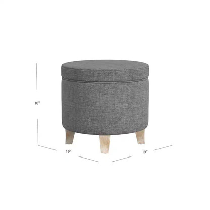 Pouf rotondo contenitore da 48 cm con coperchio rimovibile, gambe svasate in legno sbiancato, capacità 113 kg