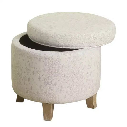Pouf rotondo contenitore da 48 cm con coperchio rimovibile, gambe svasate in legno sbiancato, capacità 113 kg