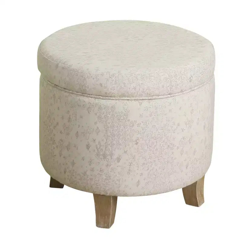 Pouf rotondo contenitore da 48 cm con coperchio rimovibile, gambe svasate in legno sbiancato, capacità 113 kg