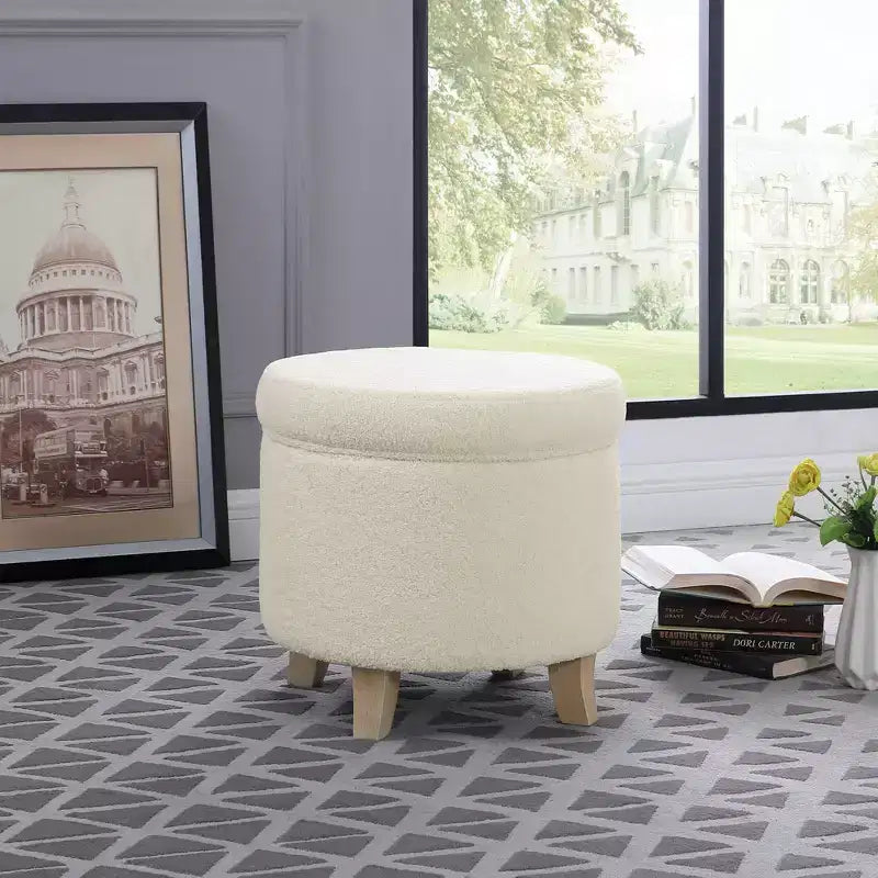 Pouf rotondo contenitore da 48 cm con coperchio rimovibile, gambe svasate in legno sbiancato, capacità 113 kg