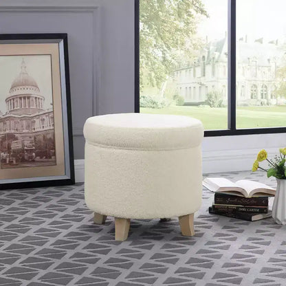 Pouf rotondo contenitore da 48 cm con coperchio rimovibile, gambe svasate in legno sbiancato, capacità 113 kg