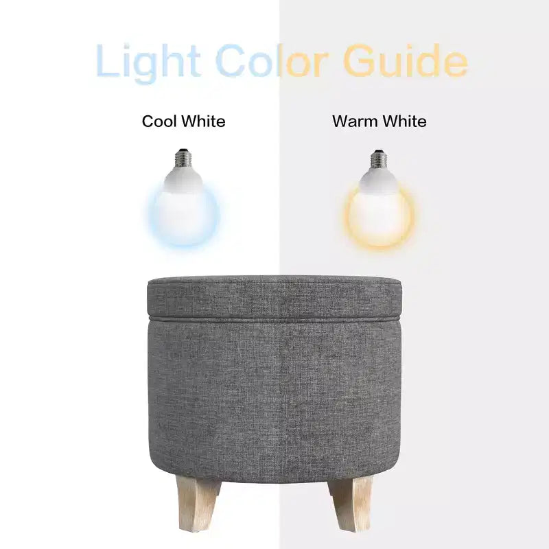 Pouf rotondo contenitore da 48 cm con coperchio rimovibile, gambe svasate in legno sbiancato, capacità 113 kg
