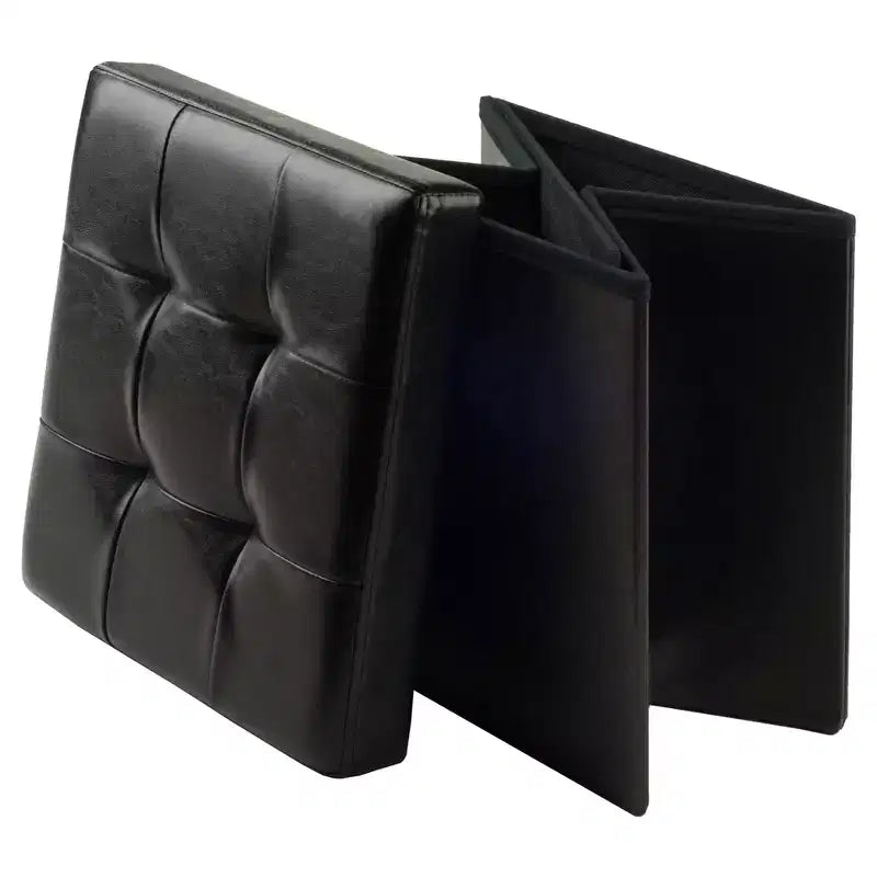 Pouf contenitore quadrato da 38 cm in similpelle con coperchio trapuntato, base pieghevole, capacità 90 kg