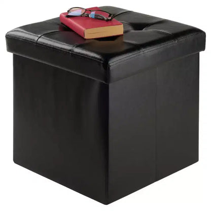 Pouf contenitore quadrato da 38 cm in similpelle con coperchio trapuntato, base pieghevole, capacità 90 kg
