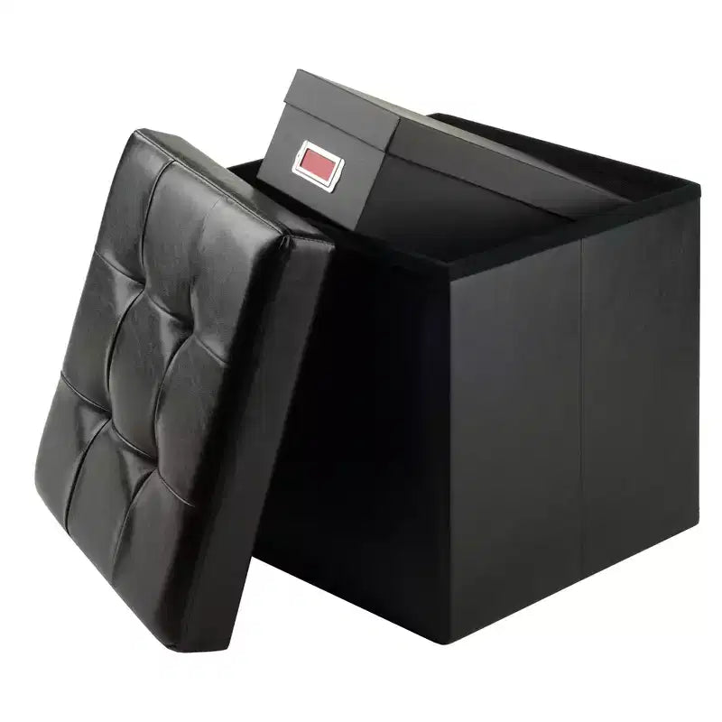 Pouf contenitore quadrato da 38 cm in similpelle con coperchio trapuntato, base pieghevole, capacità 90 kg