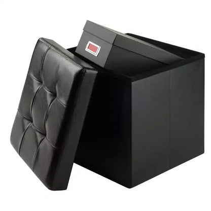 Pouf contenitore quadrato da 38 cm in similpelle con coperchio trapuntato, base pieghevole, capacità 90 kg