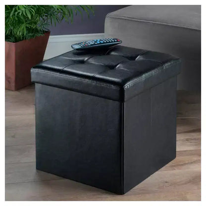 Pouf contenitore quadrato da 38 cm in similpelle con coperchio trapuntato, base pieghevole, capacità 90 kg