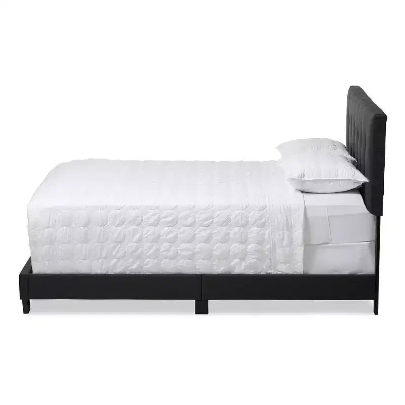 Letto imbottito in tessuto con motivo a griglia trapuntato, matrimoniale/queen size, grigio antracite scuro, gambe in legno di gomma
