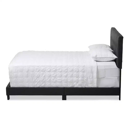 Letto imbottito in tessuto con motivo a griglia trapuntato, matrimoniale/queen size, grigio antracite scuro, gambe in legno di gomma