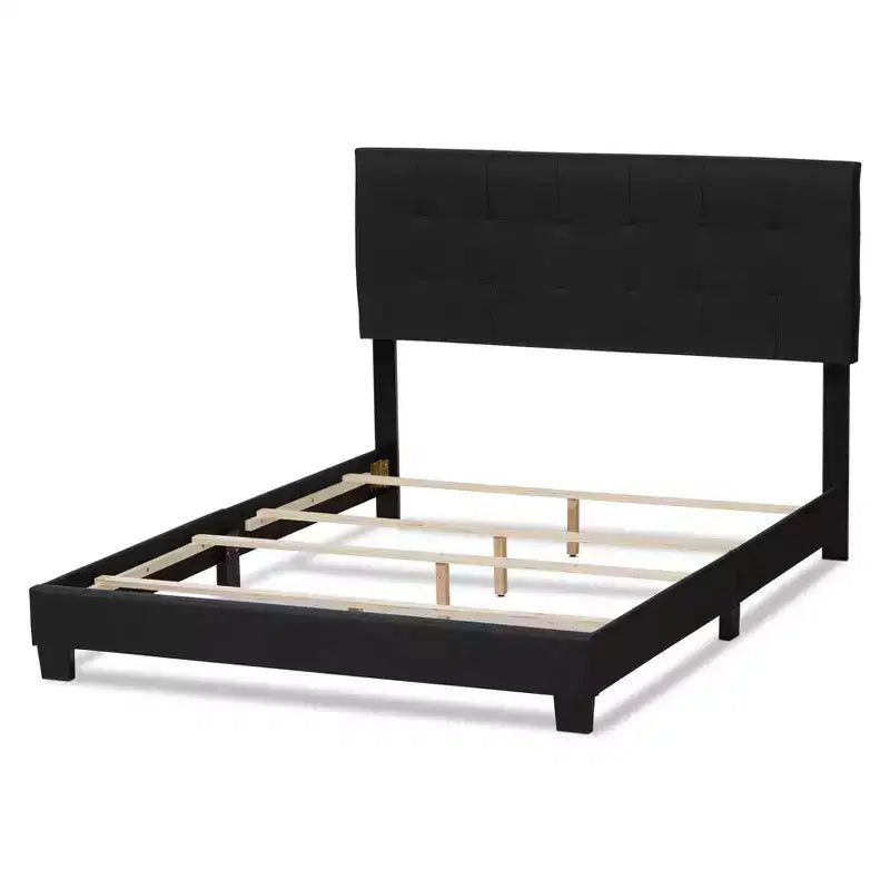 Letto imbottito in tessuto con motivo a griglia trapuntato, matrimoniale/queen size, grigio antracite scuro, gambe in legno di gomma