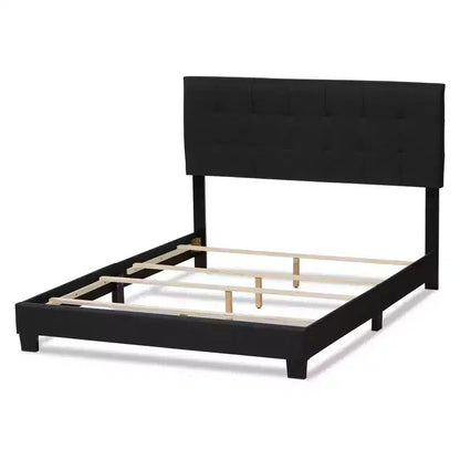 Letto imbottito in tessuto con motivo a griglia trapuntato, matrimoniale/queen size, grigio antracite scuro, gambe in legno di gomma