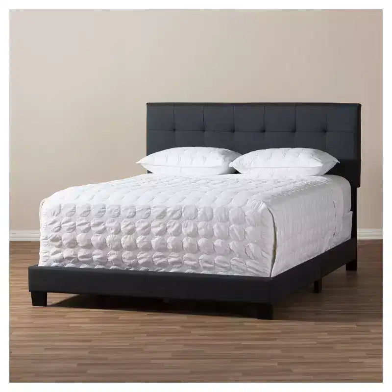 Letto imbottito in tessuto con motivo a griglia trapuntato, matrimoniale/queen size, grigio antracite scuro, gambe in legno di gomma