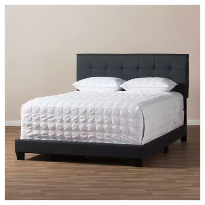 Letto imbottito in tessuto con motivo a griglia trapuntato, matrimoniale/queen size, grigio antracite scuro, gambe in legno di gomma