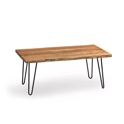 Tavolino da Caffè in Legno di Acacia Bordo Vivo con Gambe a Forcina in Metallo, Marrone Naturale, 42"W
