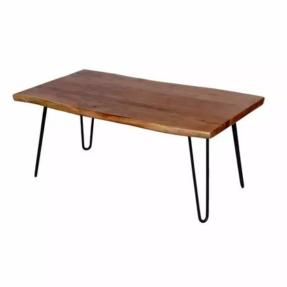 Tavolino da Caffè in Legno di Acacia Bordo Vivo con Gambe a Forcina in Metallo, Marrone Naturale, 42"W