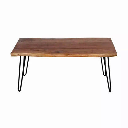 Tavolino da Caffè in Legno di Acacia Bordo Vivo con Gambe a Forcina in Metallo, Marrone Naturale, 42"W