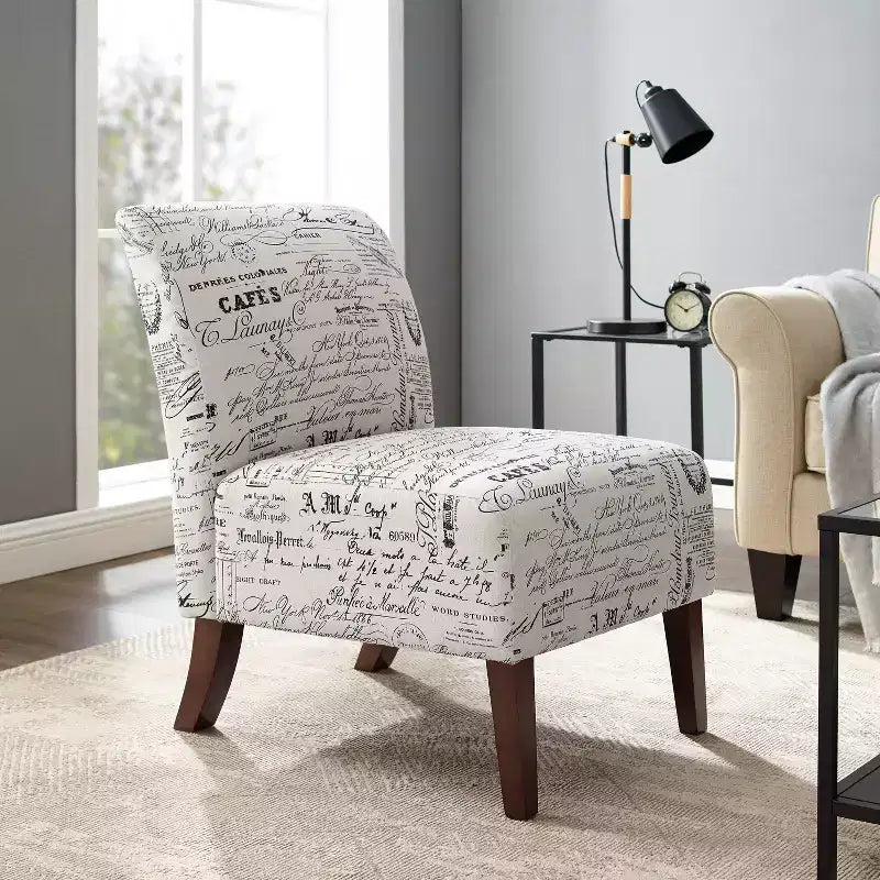 Poltroncina d'appoggio imbottita con stampa a farfalla in lino, gambe in legno di gomma, capacità 125 kg