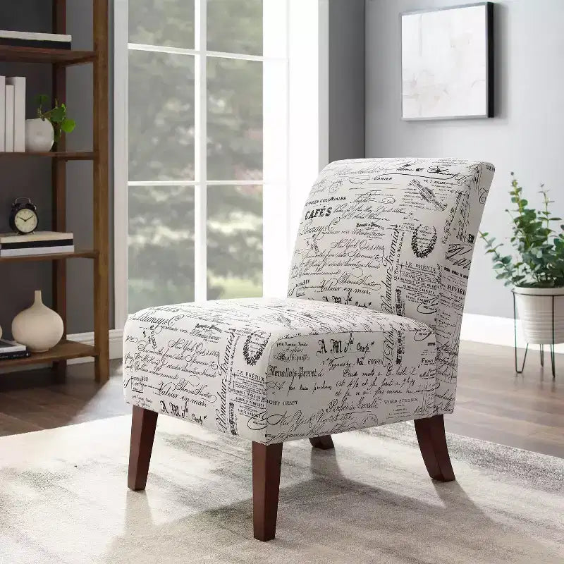Poltroncina d'appoggio imbottita con stampa a farfalla in lino, gambe in legno di gomma, capacità 125 kg