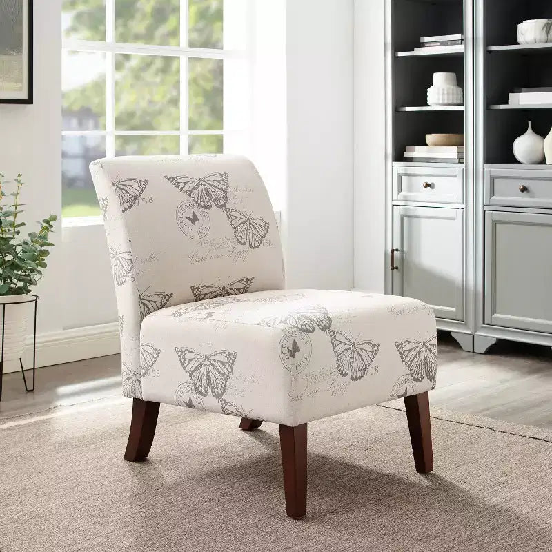 Poltroncina d'appoggio imbottita con stampa a farfalla in lino, gambe in legno di gomma, capacità 125 kg