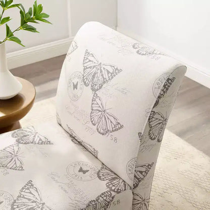 Poltroncina d'appoggio imbottita con stampa a farfalla in lino, gambe in legno di gomma, capacità 125 kg