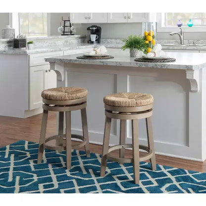 Sgabello da bar girevole senza schienale, altezza bancone 64,7 cm, seduta in vera paglia intrecciata, struttura in legno di caucciù