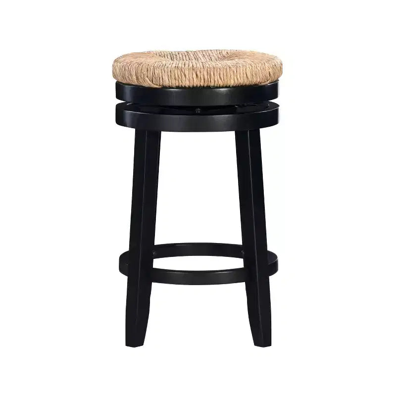 Sgabello da bar girevole senza schienale, altezza bancone 64,7 cm, seduta in vera paglia intrecciata, struttura in legno di caucciù