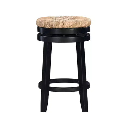 Sgabello da bar girevole senza schienale, altezza bancone 64,7 cm, seduta in vera paglia intrecciata, struttura in legno di caucciù