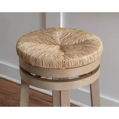 Sgabello da bar girevole senza schienale, altezza bancone 64,7 cm, seduta in vera paglia intrecciata, struttura in legno di caucciù