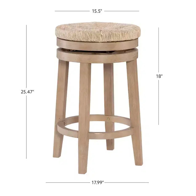 Sgabello da bar girevole senza schienale, altezza bancone 64,7 cm, seduta in vera paglia intrecciata, struttura in legno di caucciù