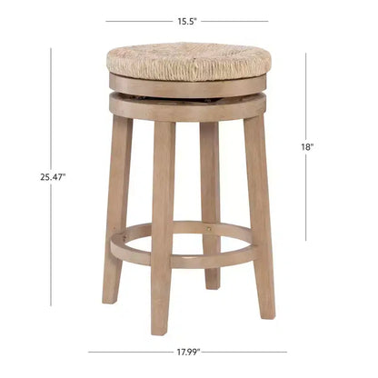 Sgabello da bar girevole senza schienale, altezza bancone 64,7 cm, seduta in vera paglia intrecciata, struttura in legno di caucciù