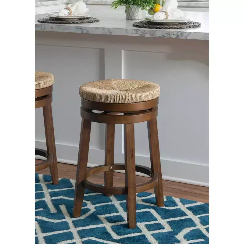 Sgabello da bar girevole senza schienale, altezza bancone 64,7 cm, seduta in vera paglia intrecciata, struttura in legno di caucciù