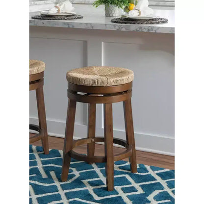 Sgabello da bar girevole senza schienale, altezza bancone 64,7 cm, seduta in vera paglia intrecciata, struttura in legno di caucciù