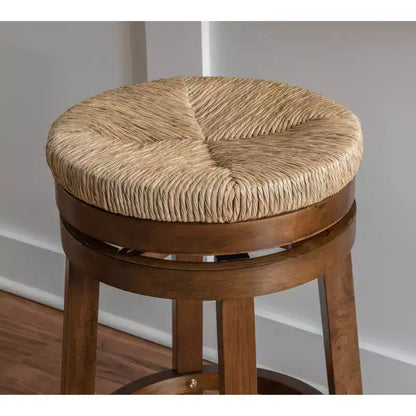 Sgabello da bar girevole senza schienale, altezza bancone 64,7 cm, seduta in vera paglia intrecciata, struttura in legno di caucciù