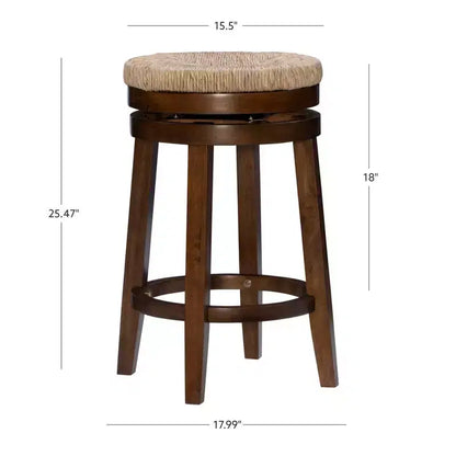Sgabello da bar girevole senza schienale, altezza bancone 64,7 cm, seduta in vera paglia intrecciata, struttura in legno di caucciù