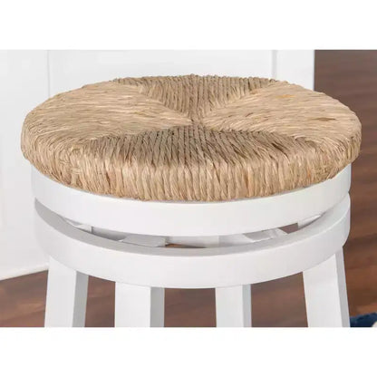 Sgabello da bar girevole senza schienale, altezza bancone 64,7 cm, seduta in vera paglia intrecciata, struttura in legno di caucciù