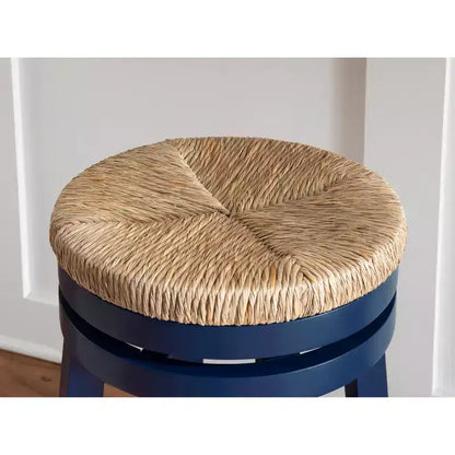 Sgabello da bar girevole senza schienale, altezza bancone 64,7 cm, seduta in vera paglia intrecciata, struttura in legno di caucciù